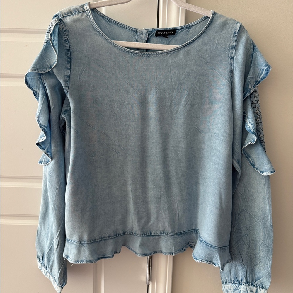 Boho Western Denim Blouse Ruffled Lace Sleeves Tie Hem Sz L Back to School
